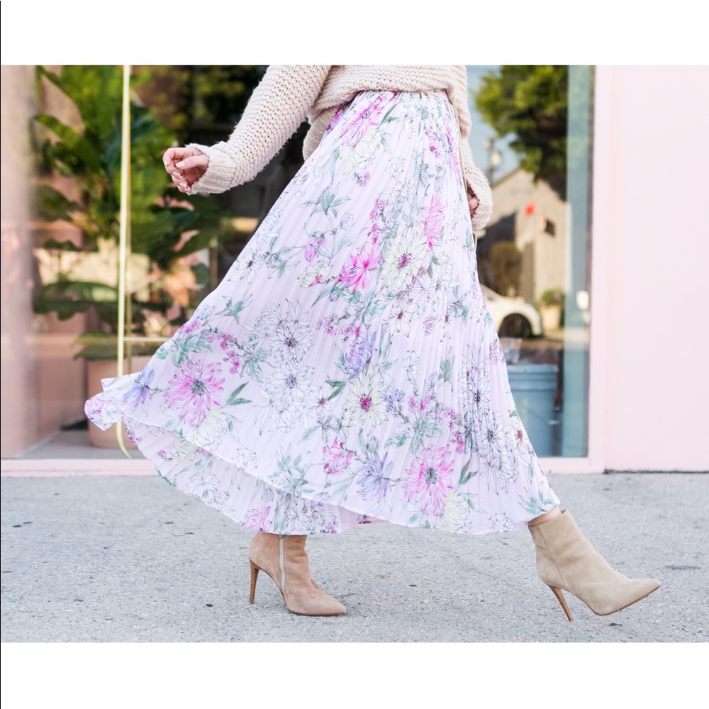 H&M Pink Floral Pleated Midi Skirt Chiffon Girly